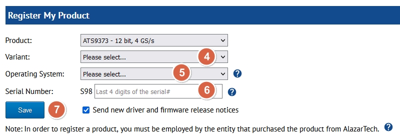 Product Registration: select variant, O/S, enter serial number